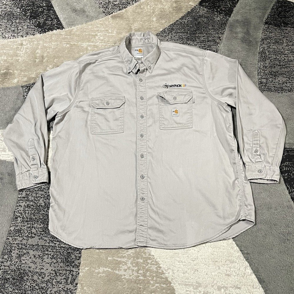 Carhartt FR Work Shirt Men 3XL‎ Gray Twill Flame Resistant CAT2 2112 Heavy Logo